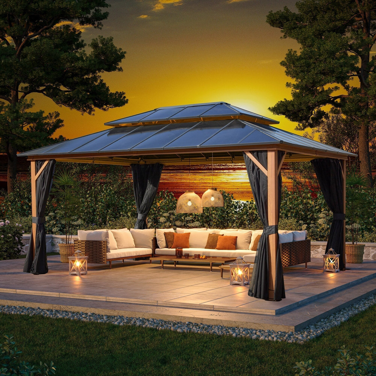 EROMMY hardtop-paviljoen, pergola voor buiten met dubbel dak, netten en gordijnen, extra stevig zonnescherm voor terras, achtertuin en zwembadfeest