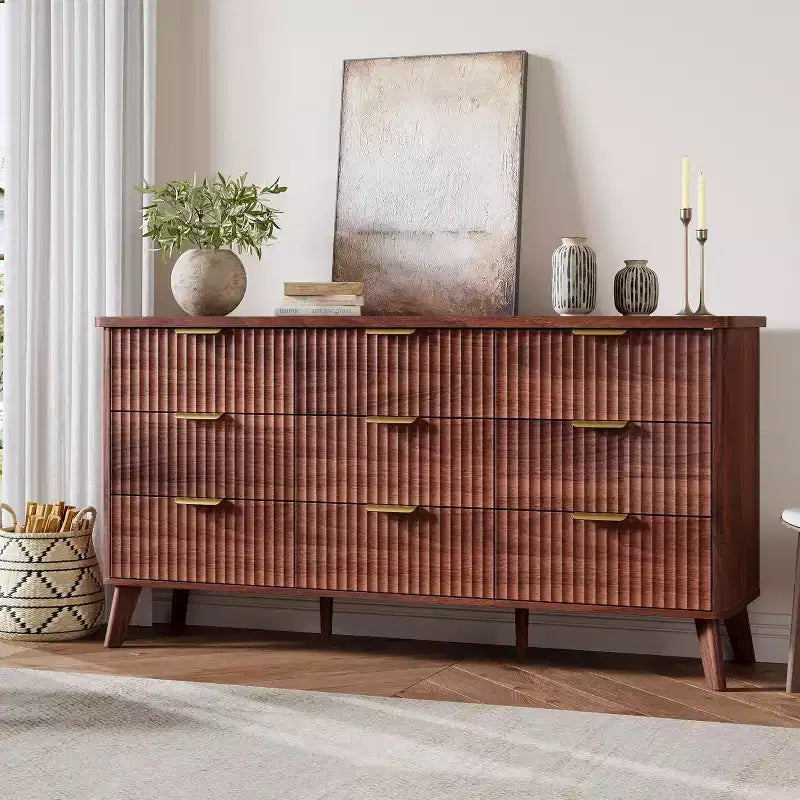 Fluted 9-Drawer Dresser, 60.6 Wide Wood Chest of Drawers with Deep Storage, for Bedroom, Living Room, or Hallway Use