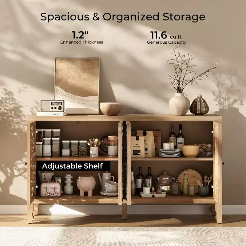 Credenza con contenitore, mobile contenitore dall'aspetto vissuto con 4 ante intagliate e ripiano regolabile, credenza decorativa in legno