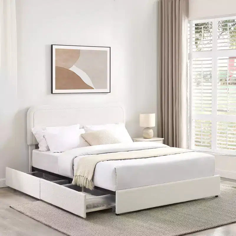 Modernes Queensize-Bett mit Bouclé-Polsterung und Schubladen