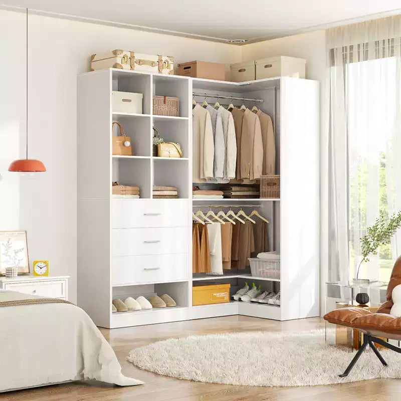 Besiost Set aus 2 freistehenden Kleiderschranksystemen mit 4 Schubladen, begehbarer Kleiderschrank-Organizer mit Kleiderstange