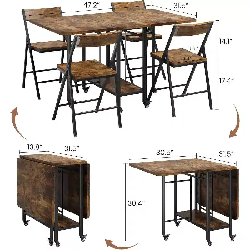 Eetkamerset in boerderijstijl, 5-delig, voor 4 personen, houten klaptafel op wielen met 4 opklapbare stoelen, stevig stalen frame, ruimtebesparend voor appartementen