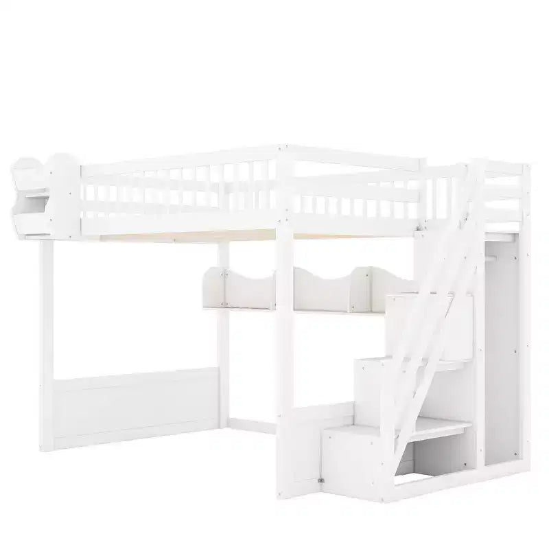 Hoogslaper voor queensize matras met trap, kledingkast en opbergplanken - MDF, 650 lb