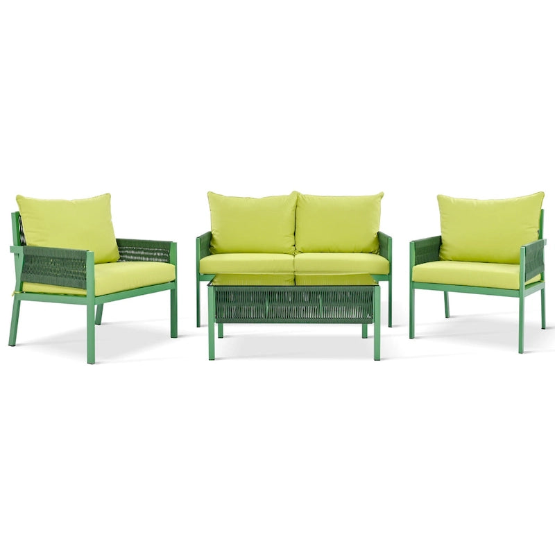 4-delige tuinmeubelset, loungeset voor buiten met tafel van gehard glas, diepe zit en dikke kussens
