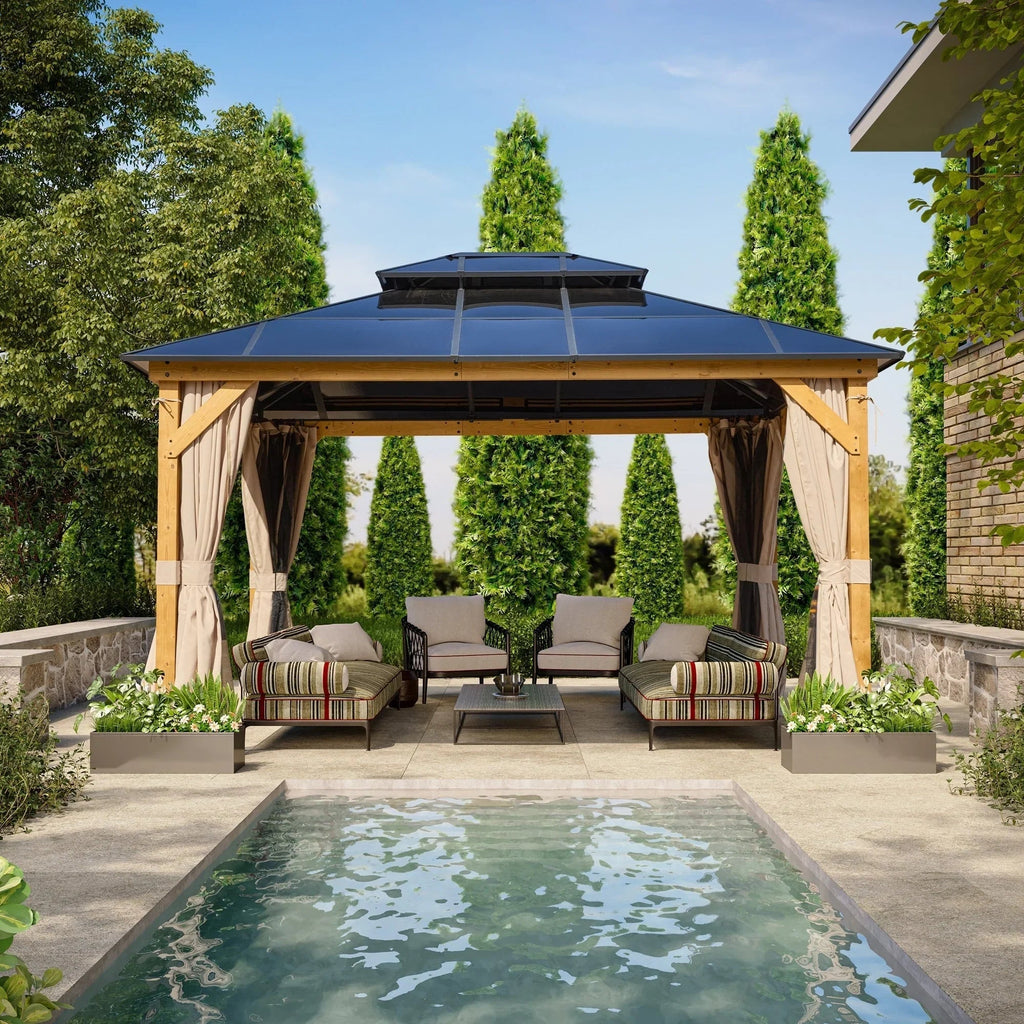 EROMMY hardtop-paviljoen, pergola voor buiten met dubbel dak, netten en gordijnen, extra stevig zonnescherm voor terras, achtertuin en zwembadfeest