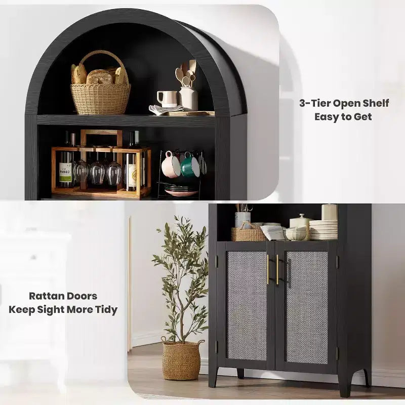 Acekool Vorratsschrank mit Rundbogen und Rattantüren, 5-stufiger Aufbewahrungsschrank im Landhausstil für Küche, Esszimmer und Wohnzimmer