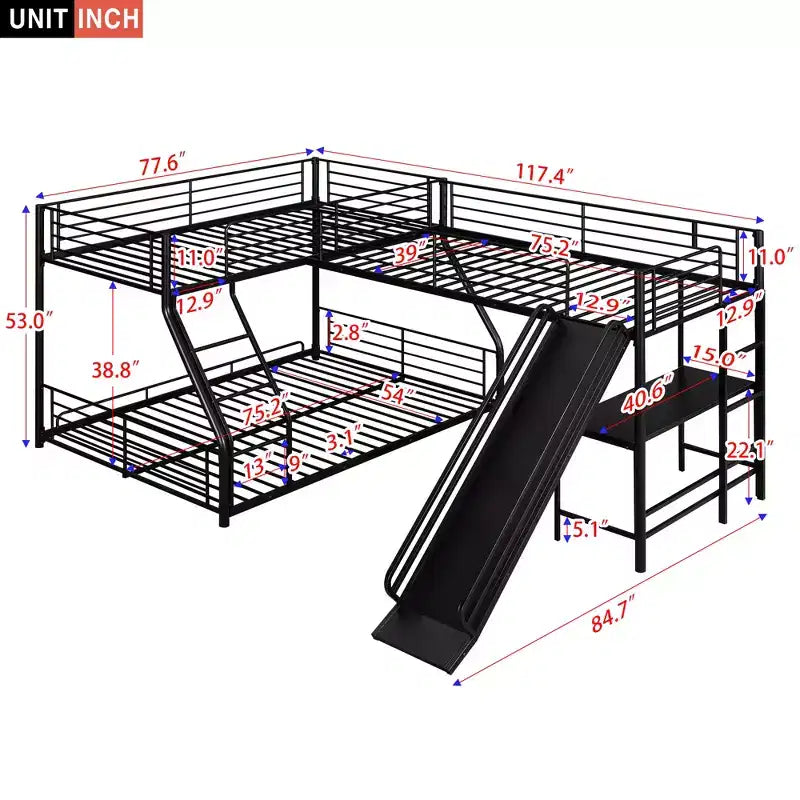 Lit superposé en métal avec lits jumeaux et grand lit, lit superposé en forme de L pour 3 enfants, lit superposé triple robuste avec bureau et toboggan, noir