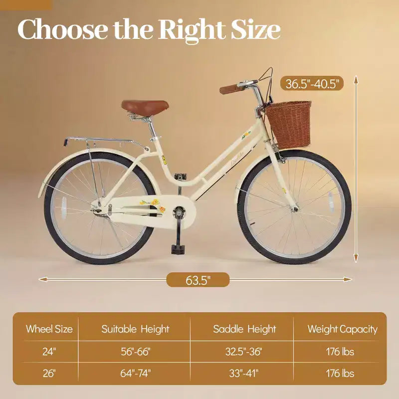 Gymax 24-inch cruiserfiets voor op het strand met verstelbaar zadel, gevlochten mand en bagagedrager voor in de stad