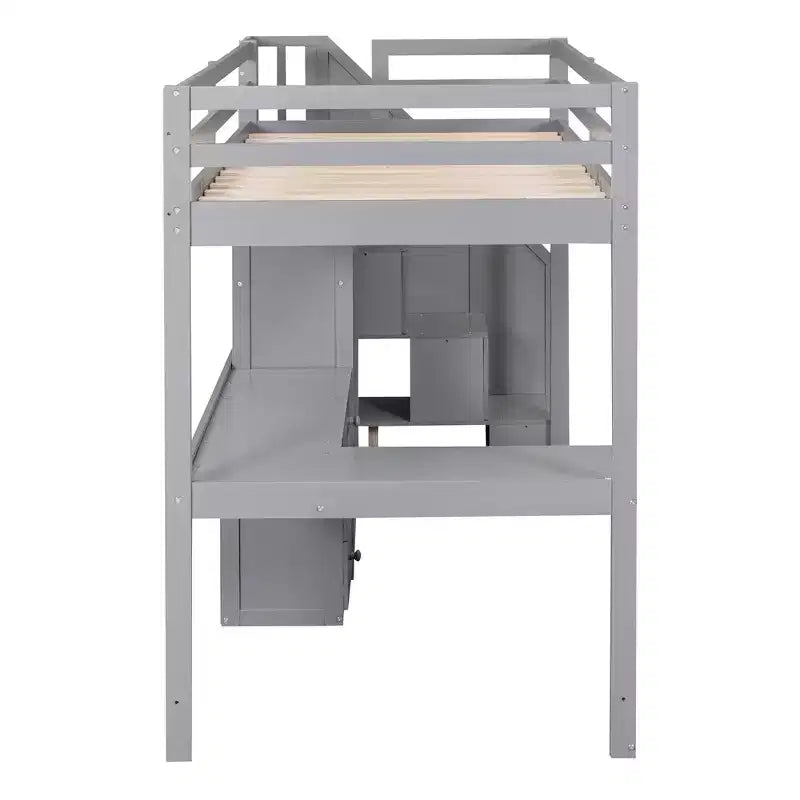 Lit mezzanine simple avec bureau en L, 3 tiroirs, armoire, rangement sous l’escalier, structure en pin massif/MDF