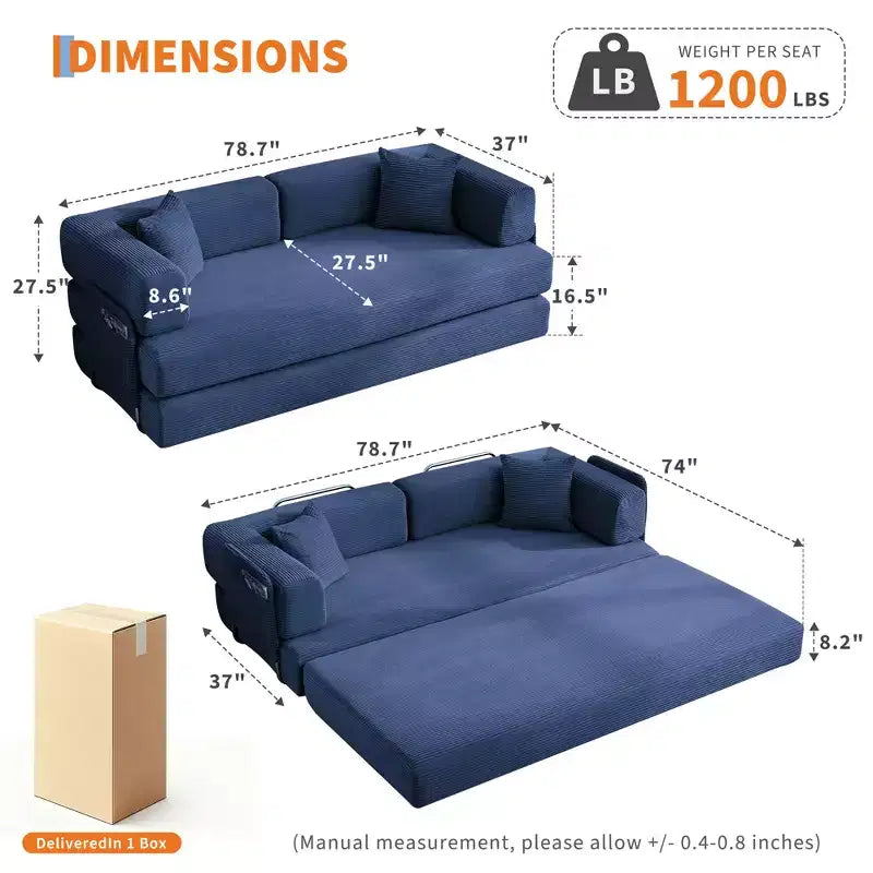 Modernes 79-Futon-Schlafsofa aus Cord für kleine Räume, 5-in-1-Couch mit abnehmbaren Armlehnen und Kissen