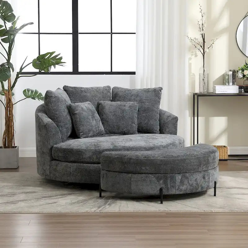 Fauteuil canapé moderne rond de style tonneau avec 5 coussins et pouf en option