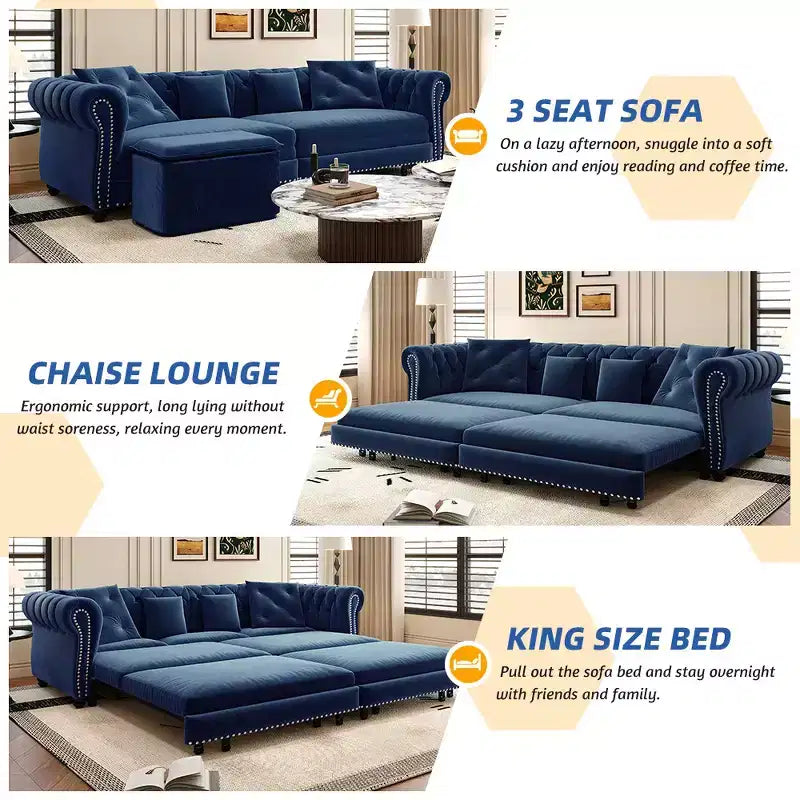 Whisen Schlafsofa aus Samt, 3-in-1, King Size, ausziehbar und umwandelbar, mit beweglichem Ottomanen, gestepptes Design
