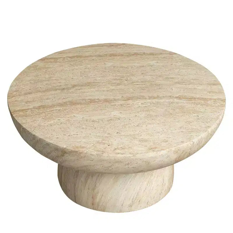 LeisureMod Lunexa runder Couchtisch, Akzenttisch mit Sockel aus Fiberstone für drinnen und draußen, skulpturales Design mit rutschfesten Fußgleitern