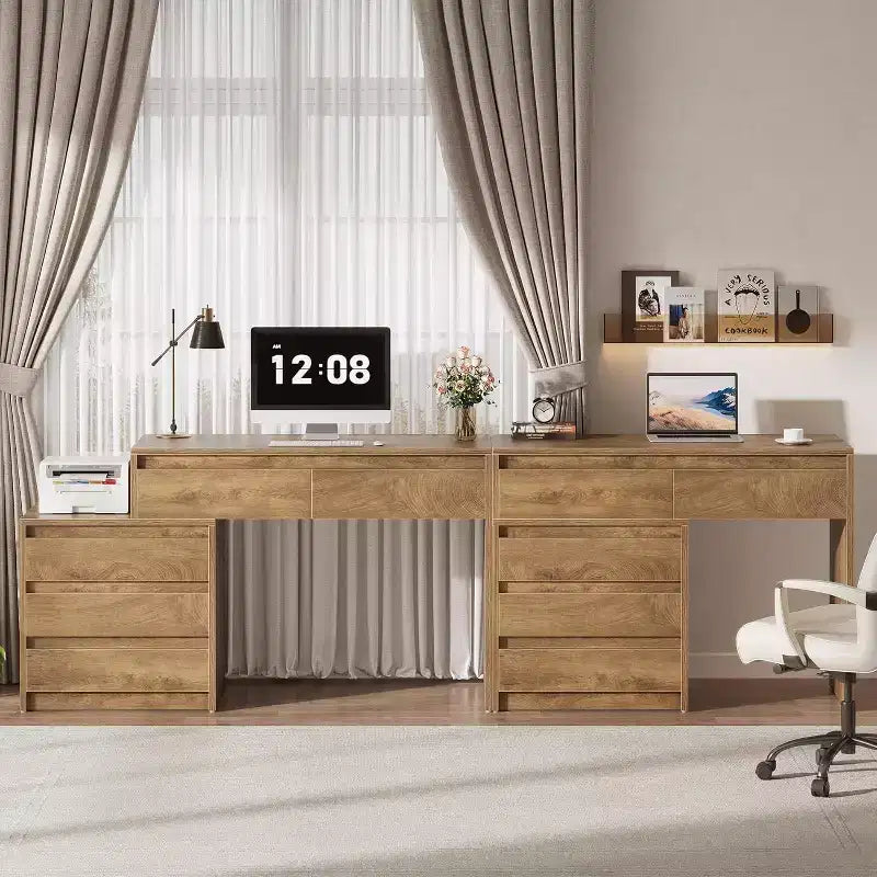 Scrivania per computer Lantine con 5 cassetti, scrivania direzionale in legno con schedario e supporto per stampante, per ufficio domestico e piccoli spazi
