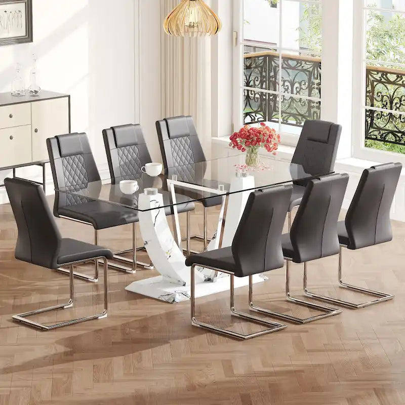Ensemble de table à manger moderne en verre trempé avec piètement en U à motif marbré et chaises rembourrées de similicuir