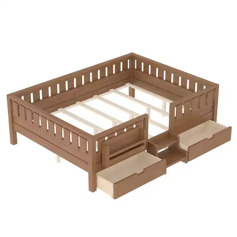 Lit pour enfant Bellemave format queen avec 14 barrières de sécurité, cadre de lit compact avec bibliothèque intégrée et 2 tiroirs de rangement sous le lit