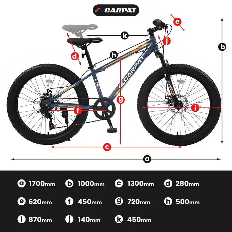Bicicletta Okak da 24IN con pneumatici larghi e sospensione anteriore, mountain bike a 7 velocità con freno a disco e telaio in acciaio ad alto tenore di carbonio, bici da trail per gli spostamenti