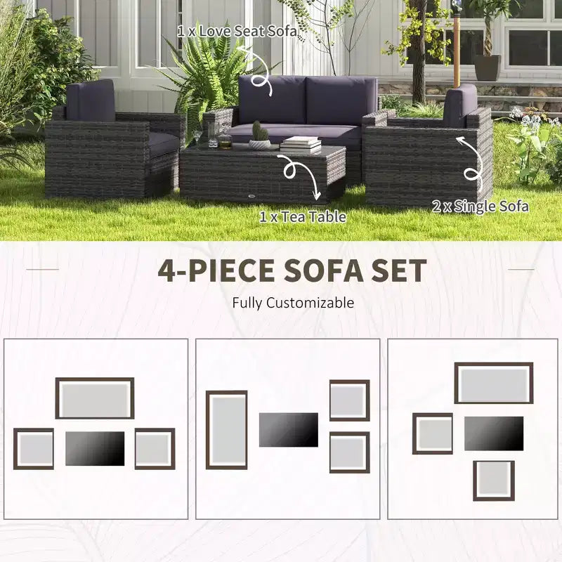 4-teiliges Rattan-Sofaset, Patio-Sofaset aus Korbgeflecht mit Zweisitzersofa, Sesseln und Couchtisch mit Glasplatte für den Garten und Außenbereich