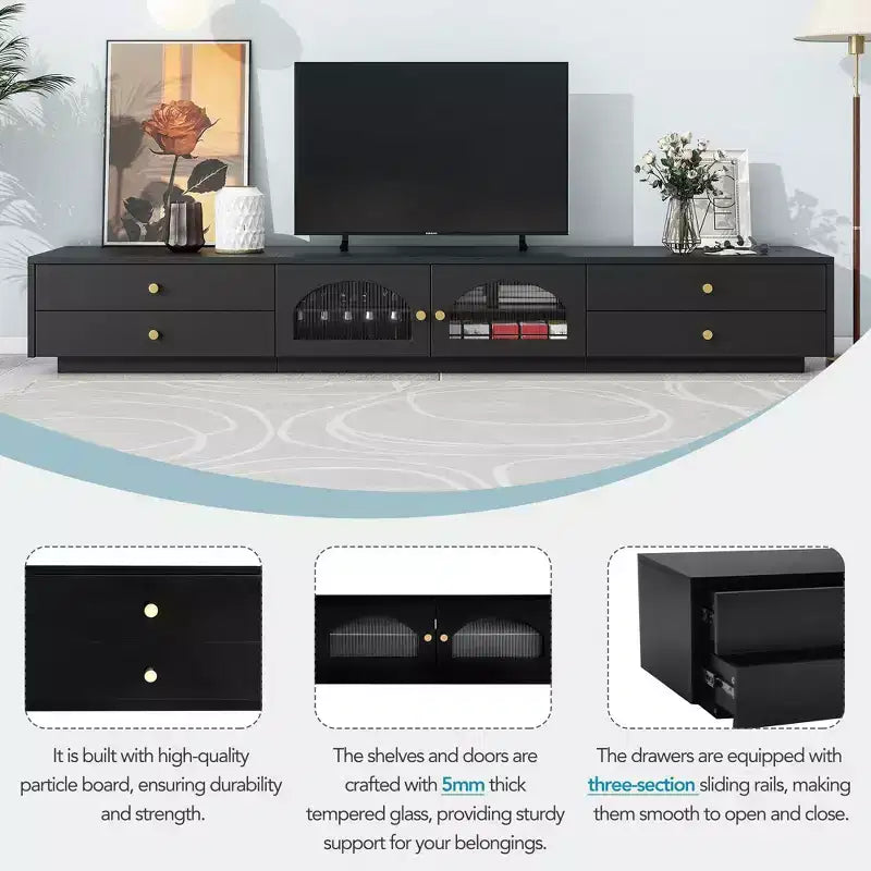 Tv-meubel voor een tv van 95 inch, extra lange mediaconsole met 2 deuren en 4 laden, grote tv-opbergkast en entertainmentcentrum met geribbelde glazen deuren