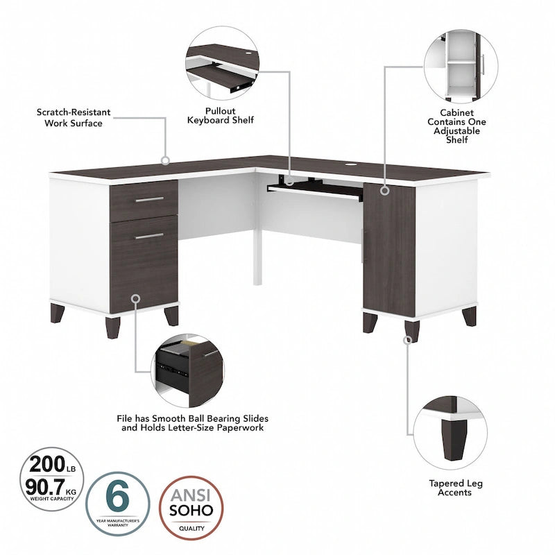 Bush Furniture Somerset 60W L-förmiger Schreibtisch mit Aufsatzregal
