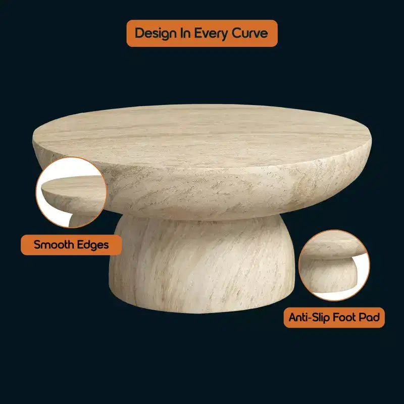 LeisureMod Lunexa runder Couchtisch, Akzenttisch mit Sockel aus Fiberstone für drinnen und draußen, skulpturales Design mit rutschfesten Fußgleitern