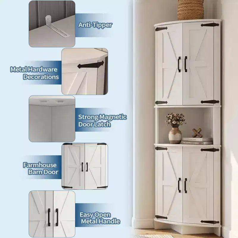 COZONY 65 Bauernhaus-Eckschrank mit Türen und verstellbaren Einlegeböden, hoher Eckschrank für Küche und Wohnzimmer