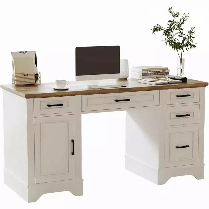 Bureau de direction de style campagnard pour bureau à domicile avec rangement, bureau d’écriture en bois avec 5 tiroirs et armoire, table d’ordinateur rustique pour le salon, la chambre ou le bureau de travail