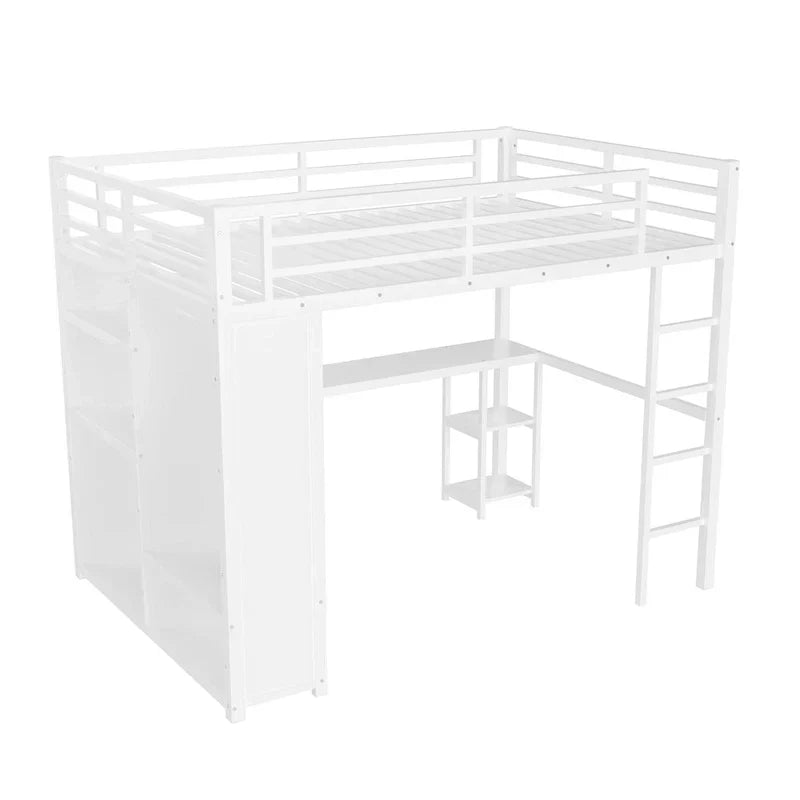 Hoogslaper voor queensize bed - ingebouwde kledingkast en bureau, metalen frame met planken