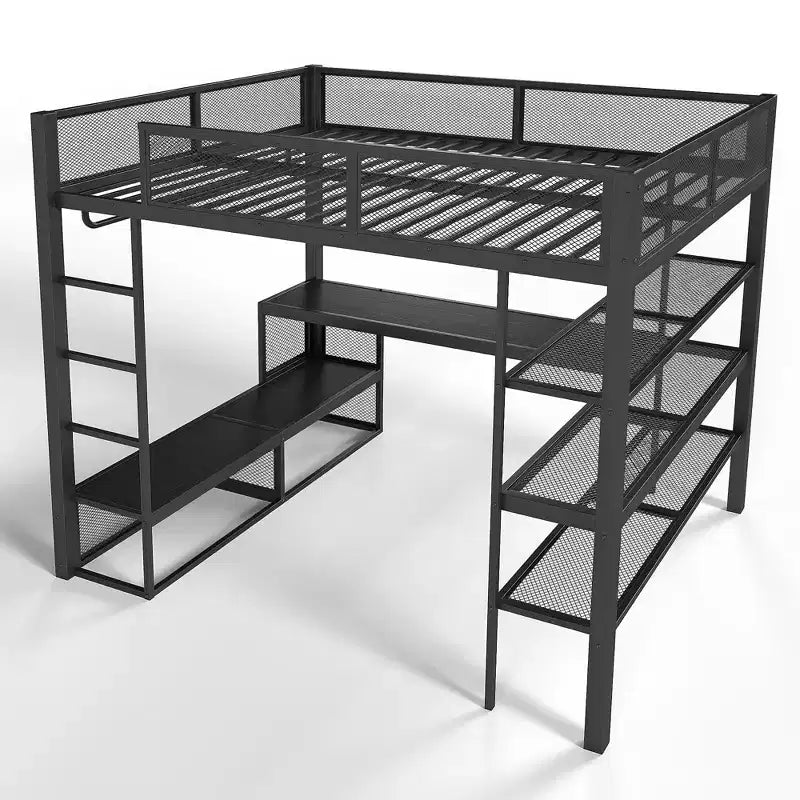Bellemave metalen hoogslaper in queensize met bureau, opbergplanken en kledingroede, ruimtebesparend hoogslaperframe met veiligheidsrelingen en ladder, geen bedbodem nodig, zwart