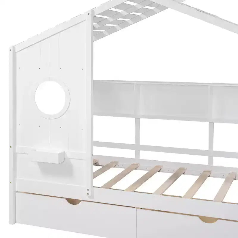 Whisen Hausbett in Einzelgröße für Kinder, Spielhausbett mit 2 Schubladen und Ablage