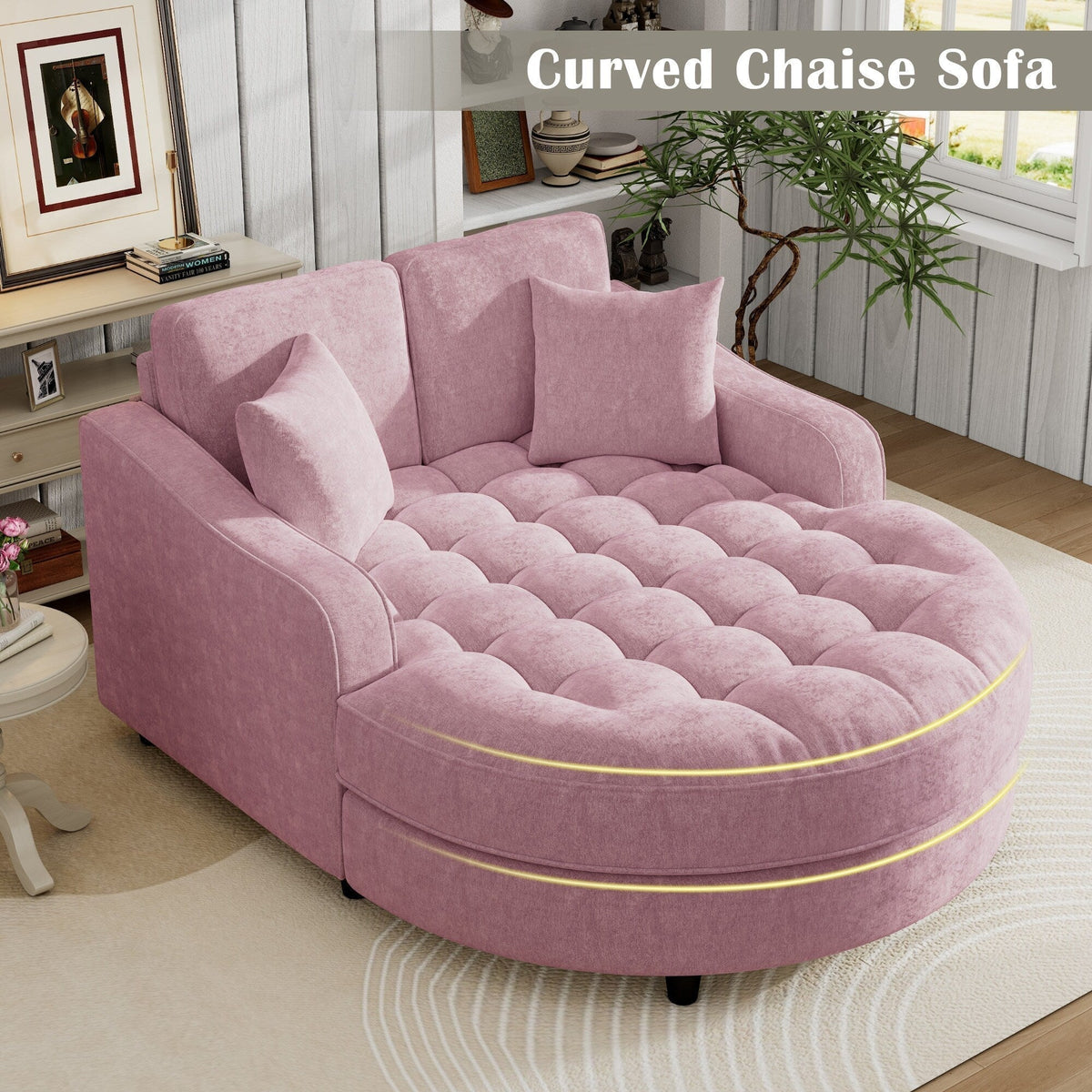 Chaiselongue-Schlafsofa aus Chenille, gepolstertes Sofa mit gesteppter Rückenlehne und 2 abnehmbaren Kissen für das Wohnzimmer