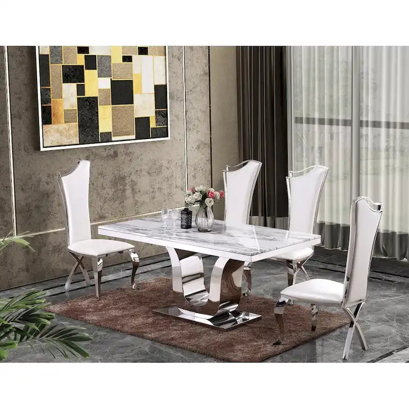 Best Quality Furniture Luxe Essgruppe aus weißem Echtem Marmor, 5-teilig
