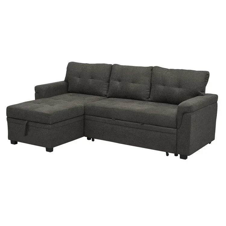 Umbaubares, beidseitig montierbares Ecksofa mit ausziehbarem Schlafbett, verstecktem Stauraum in der Recamiere und robusten Beinen