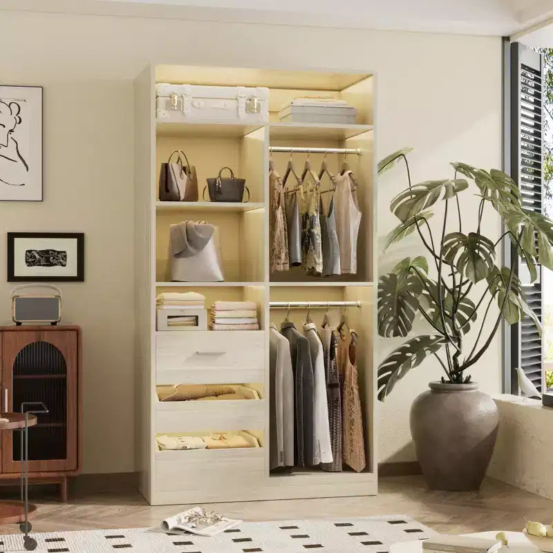 Kleiderschrank-Organizer mit Holzschubladen, freistehendes Schranksystem mit Kleiderstangen