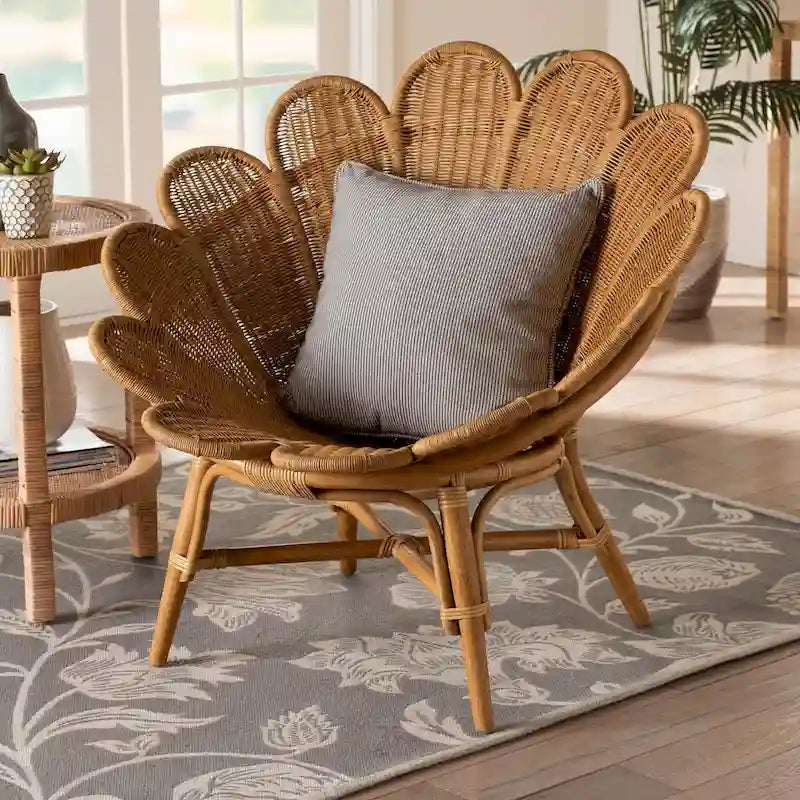 Fauteuil fleuri d’appoint en rotin miel, style bohème Blossom