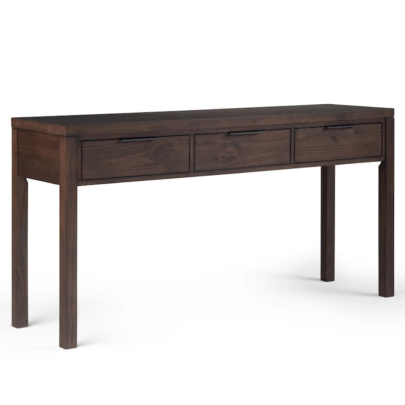 Tavolo consolle contemporaneo in legno massello largo 60 pollici, a 3 cassetti, color noce caldo