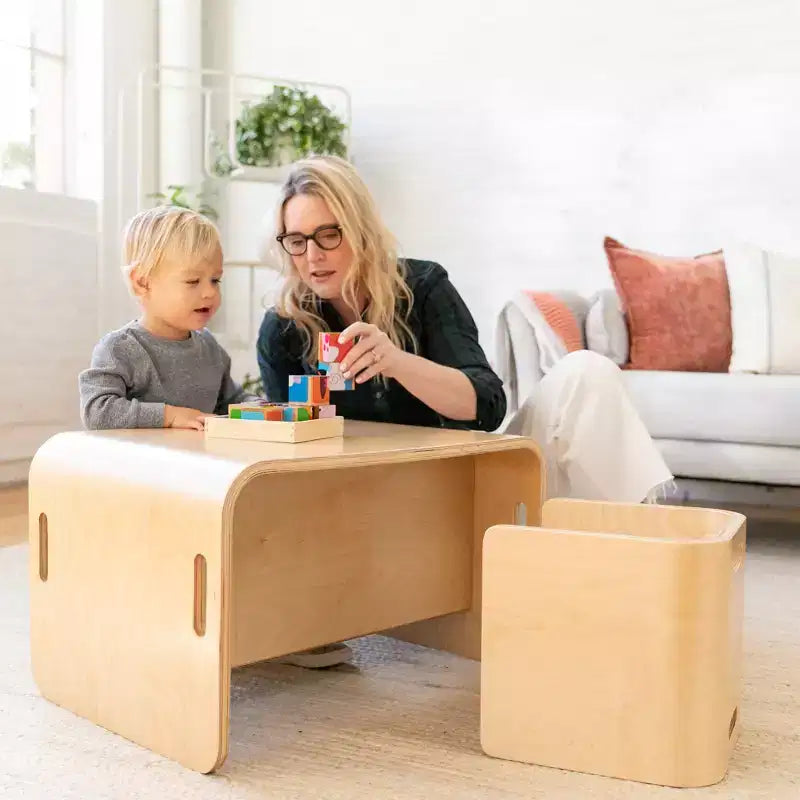 ECR4Kids Premium-Tisch- und Stuhlset aus gebogenem Holz, Kindermöbel, Natur, 3-teilig