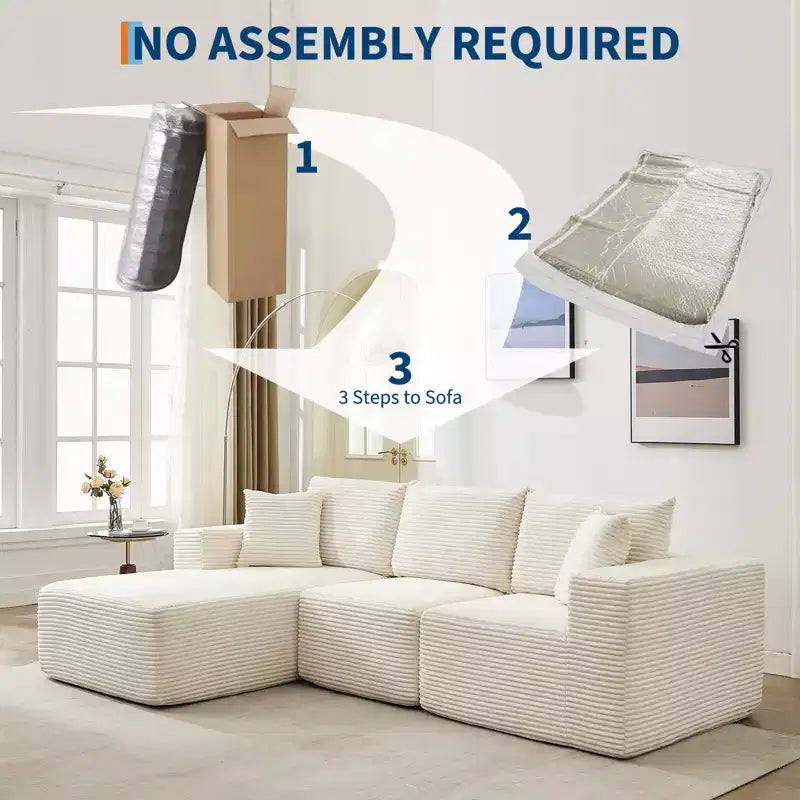 108 Modernes 3-Sitzer-Sofa, gepolstertes Sofa in L-Form mit Kissen, Sofa mit tiefer Sitzfläche, keine Montage erforderlich