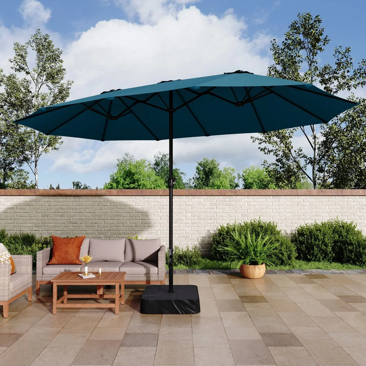 MAISON ARTS 15ft großer doppelseitiger Terrassenschirm mit zwei Schirmen, Standfuß inklusive