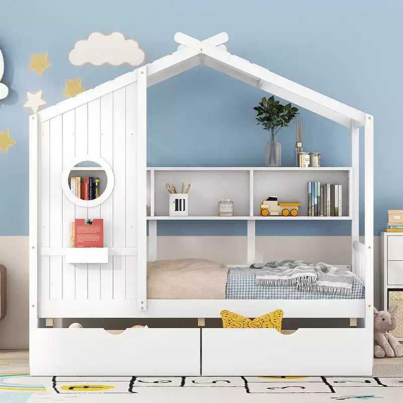 Whisen Hausbett in Einzelgröße für Kinder, Spielhausbett mit 2 Schubladen und Ablage