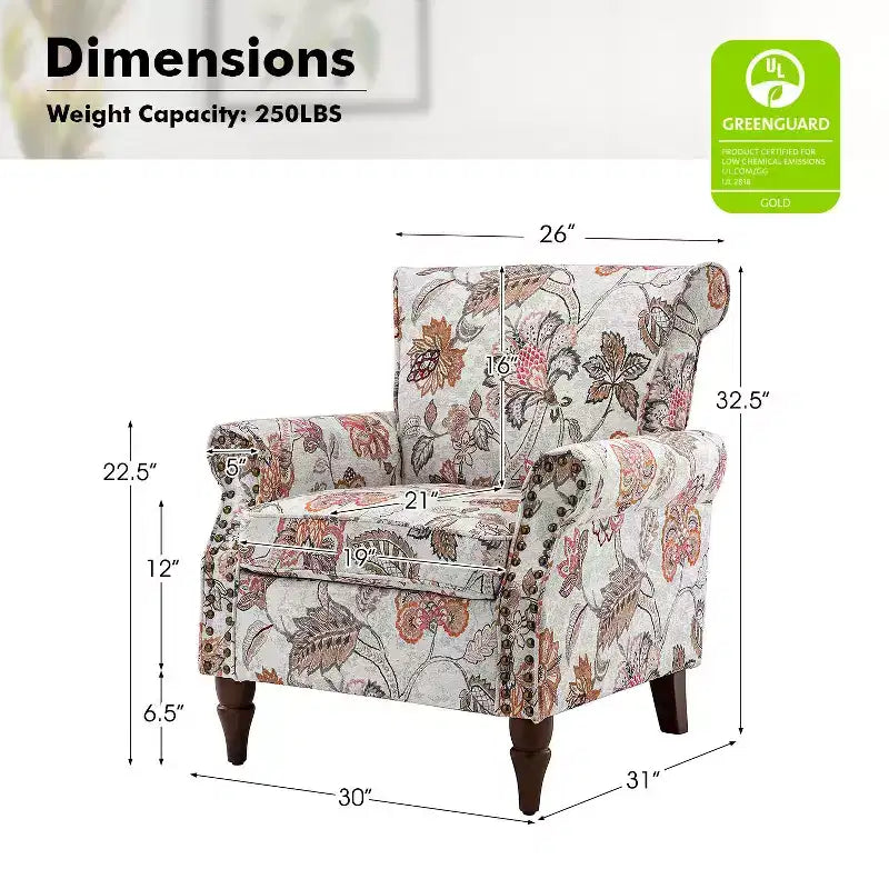 Araceli traditionele houten fauteuil met bloemenstof, hoge rugleuning met vleugels en siernagels| ART OF LIVING DESIGNS