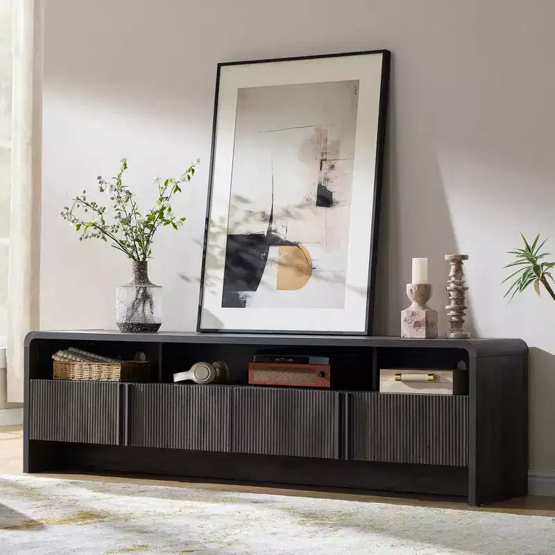 AMERLIFE Meuble TV moderne de 70 au design cannelé avec placards de rangement, pour téléviseurs jusqu'à 80, meuble de divertissement en bois, console multimédia pour le salon