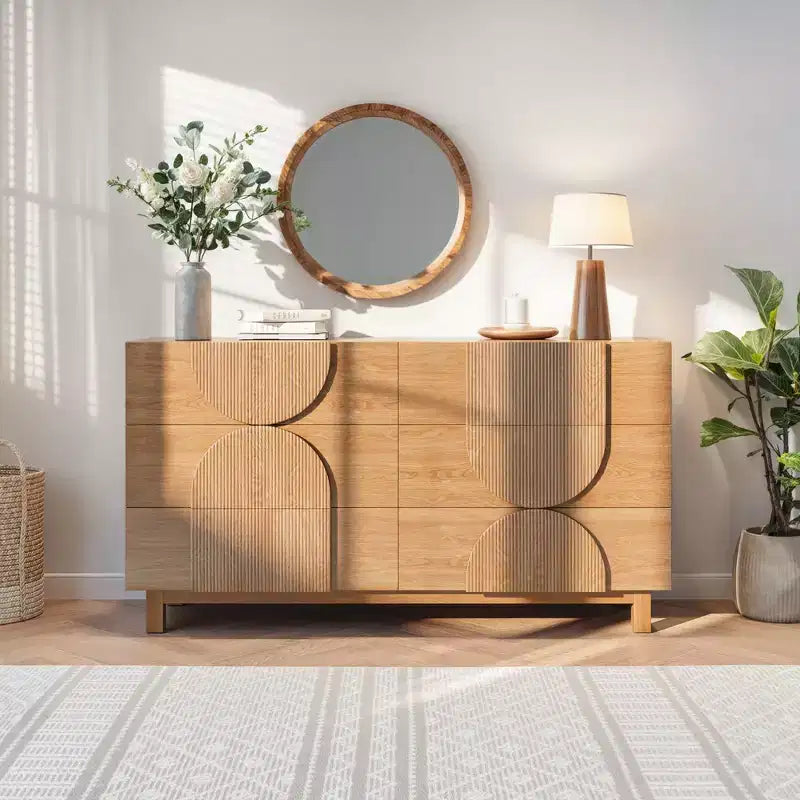 Moderne geometrische Kommode mit 6 Schubladen, breiter Stauraumschrank mit Halbkreismuster für Schlafzimmer und Wohnzimmer