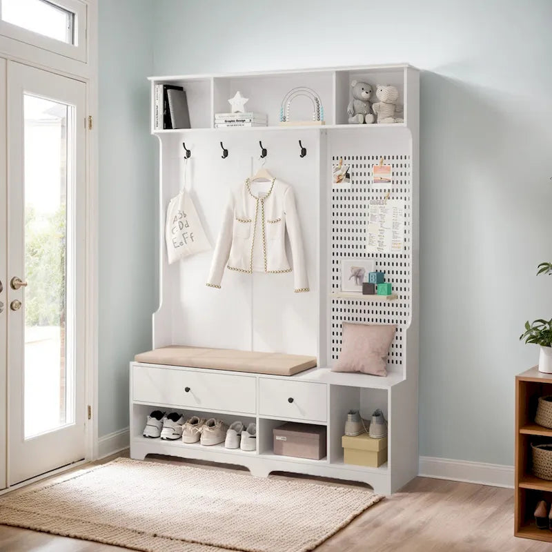 GDFStudio - Appendiabiti multifunzione Finn con panca portascarpe, pannello forato e ampio spazio contenitivo