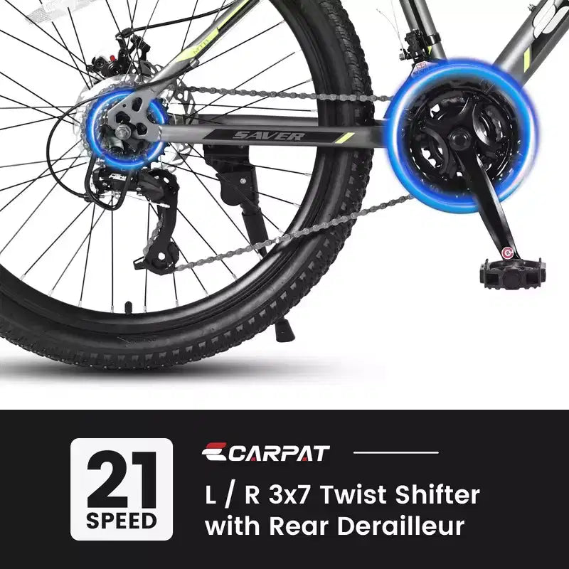 Okak mountainbike van 24 inch met stalen frame, kinderfiets met Shimano 21 versnellingen, dubbele schijfremmen en vering vooraan, fiets voor tieners