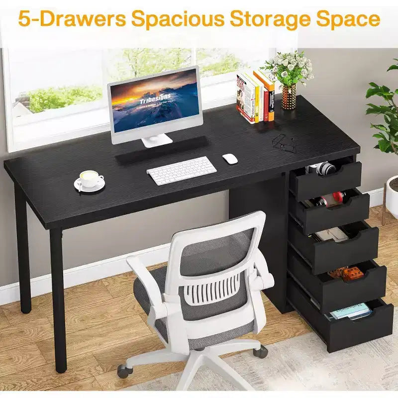 Bureau d’ordinateur Lantine avec 5 tiroirs, bureau moderne et sobre de 47 pouces pour le télétravail, les études et l’écriture, idéal pour les petits espaces