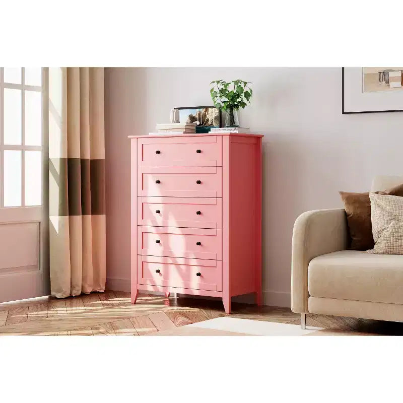 Commode de chambre à 5 tiroirs, hauteur de 42.5 pouces, armoire de rangement en bois avec tiroirs de 11.9 pouces de profondeur et poignées en métal doré, idéale pour l'entrée ou le couloir