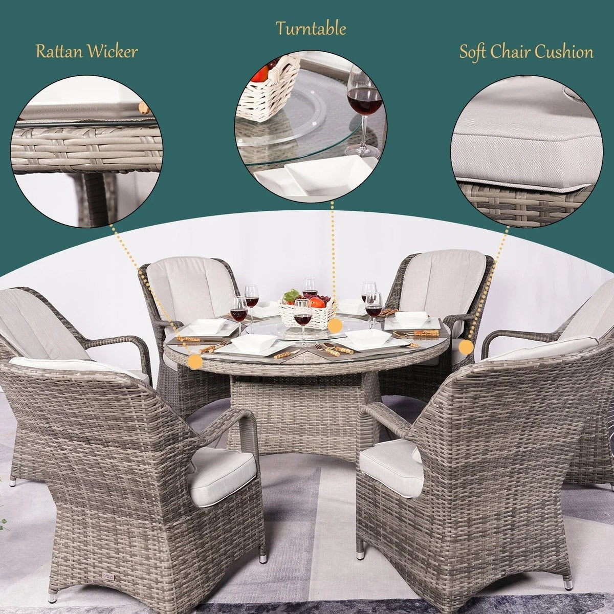 Set da pranzo rotondo da patio in rattan intrecciato da esterno, 7 pezzi, con cuscini, di Moda Furnishings
