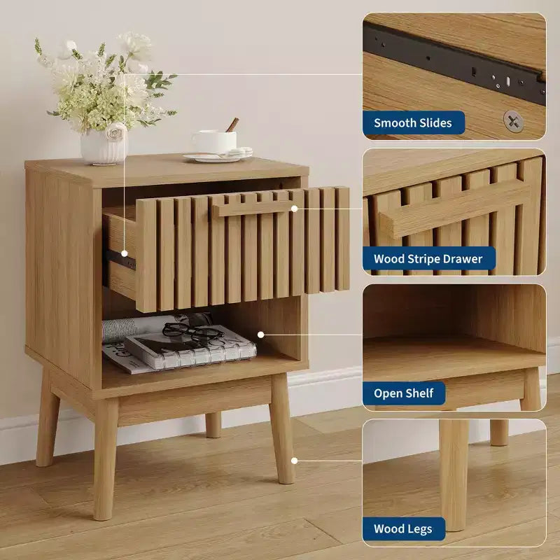 Set di 2 comodini boho con cassetto a righe e ripiano aperto, tavolini compatti in legno da comodino, ideali per piccoli spazi, camera da letto e soggiorno