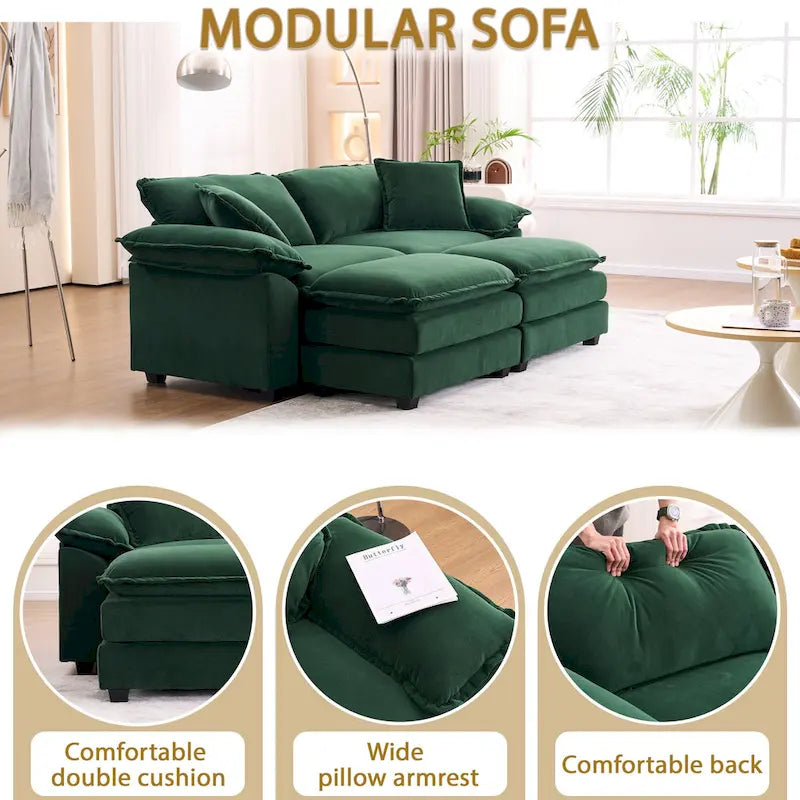 Divano a 2 posti con 2 cuscini, 2 guanciali e 2 pouf, divano comodo - Divano profondo modulare per soggiorno